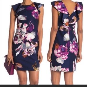 Trina Turk Navy Floral Ruffle Neck Sleeveless Sheath Dress